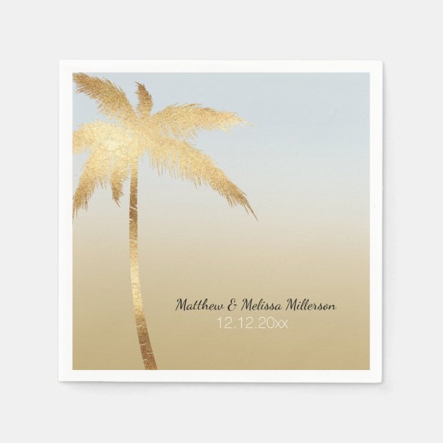 Gold Palm Tree Ombre Personalized Wedding Napkins (Front)
