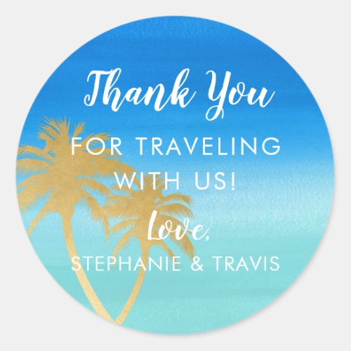 Gold Palm Tree on Blue Watercolor Beach Wedding Classic Round Sticker