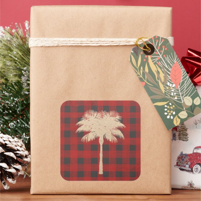 Gold Palm Tree on Red Buffalo Plaid Square Sticker (Holiday)