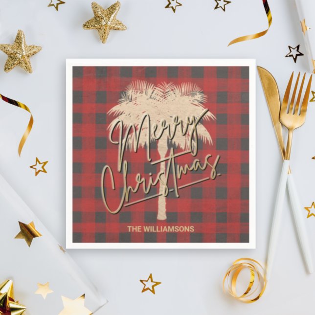 Gold Palm Tree Red Buffalo Plaid Christmas Napkins (Creator Uploaded)