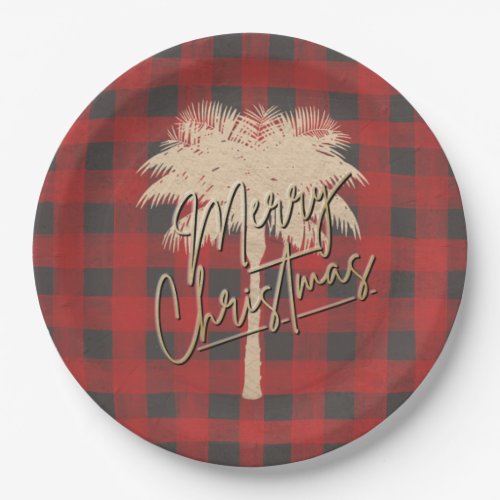 Gold Palm Tree Red Buffalo Plaid Christmas Paper Plates