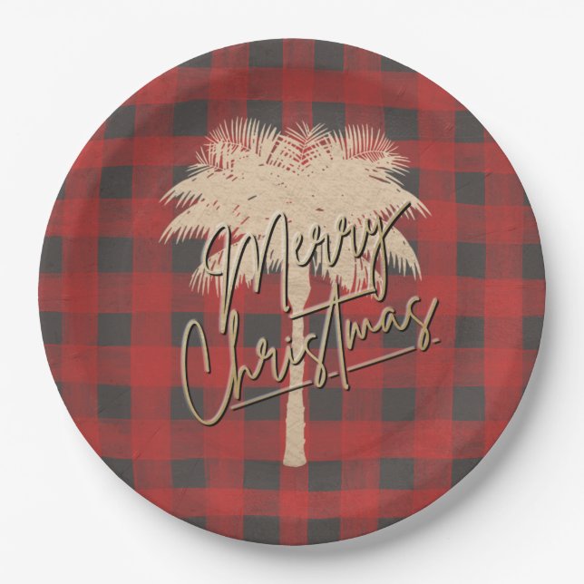 Gold Palm Tree Red Buffalo Plaid Christmas Paper Plates (Front)
