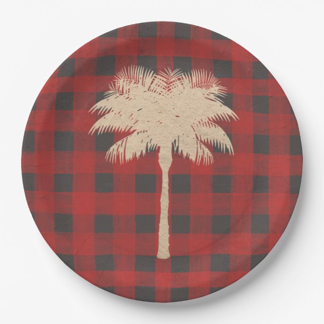 Gold Palm Tree Red Buffalo Plaid Christmas Paper Plates (Front)