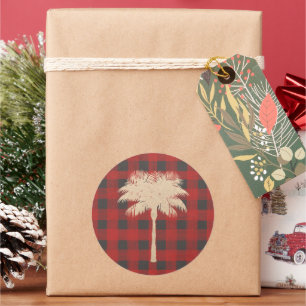 Gold Palm Tree Red Buffalo Plaid Classic Round Sticker