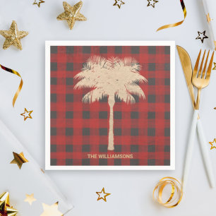 Gold Palm Tree Red Buffalo Plaid Napkins