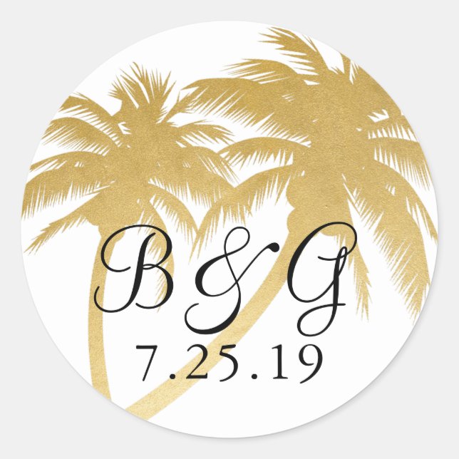 Gold Palm Tree Tropical Beach Monogram Favor Label (Front)