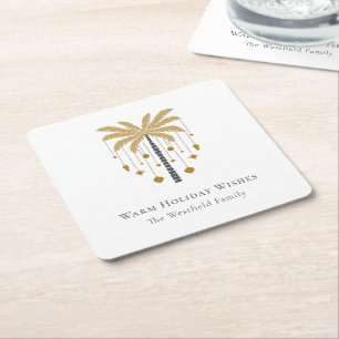 Gold Palm Tree Warm Holiday Wishes Square Paper Coaster