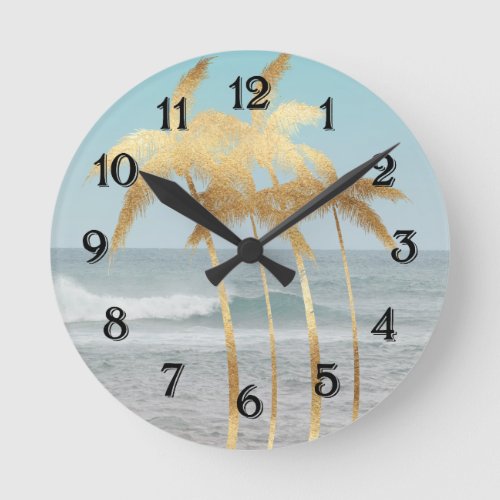 Gold Palm Trees Hawaii Ocean Round Clock