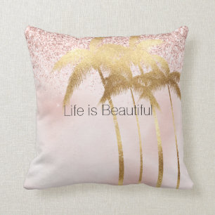 Gold Palm Trees Pink Ombre Glitter Throw Pillow