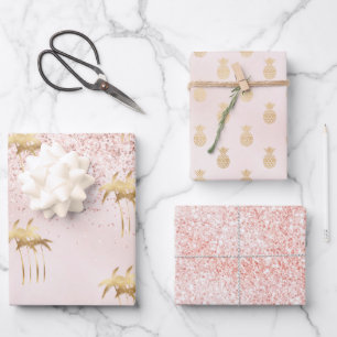 Gold Palm Trees Pink Ombre Glitter Wrapping Paper Sheets