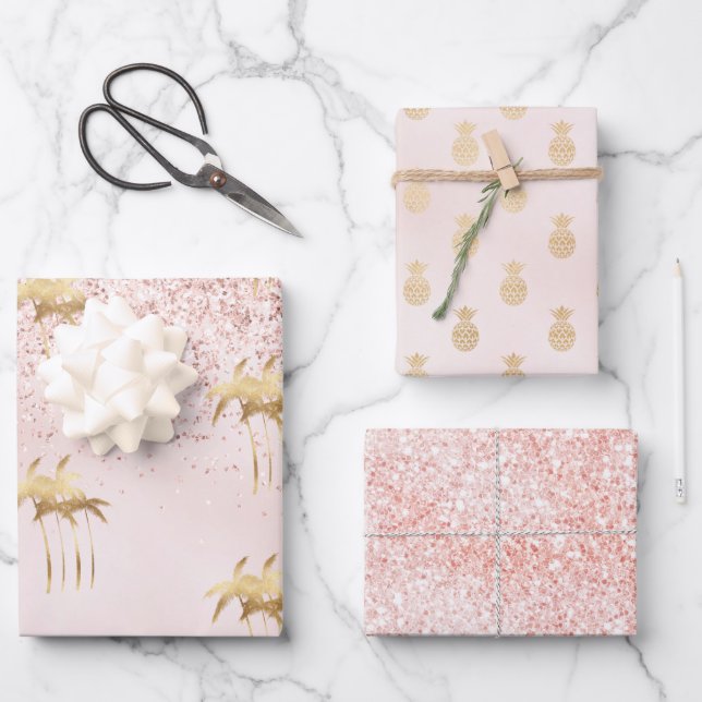 Gold Palm Trees Pink Ombre Glitter     Wrapping Paper Sheets (Front)