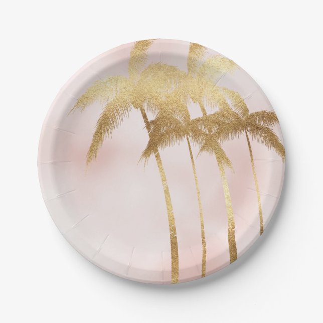 Gold Palm Trees Pink Ombre Paper Plates (Front)