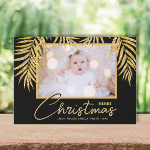 Gold Palms Black Tropical Christmas Photo Holiday Card
