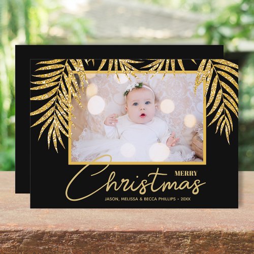 Gold Palms Black Tropical Christmas Photo Holiday Card