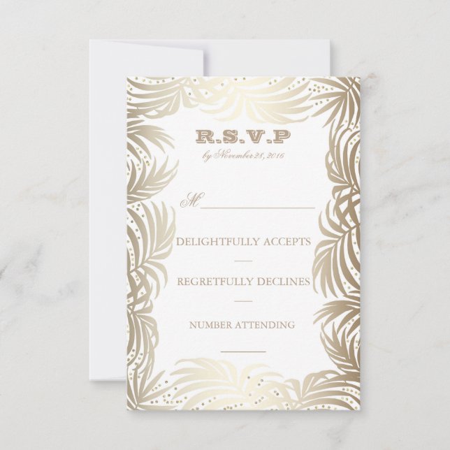 Gold Palms Leaves and Navy Back Beach RSVP Card (Front)