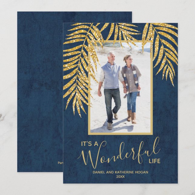 Gold Palms on Blue Christmas Photo Holiday Card (Front/Back)