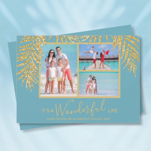 Gold Palms Photo Collage Christmas Holiday Card