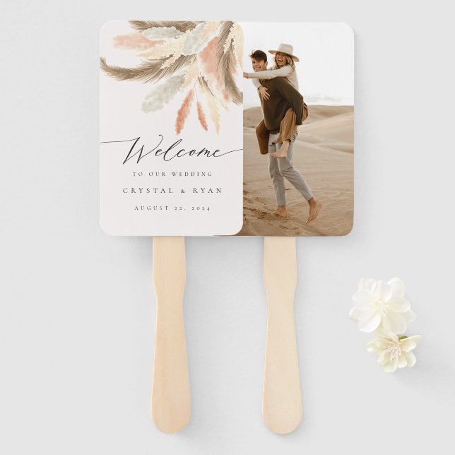 Gold Pampas Grass Wedding Welcome C100 Hand Fan (Front and Back)