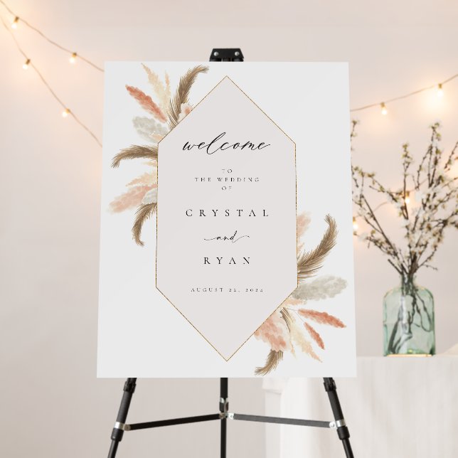 Gold Pampas Grass Welcome Sign Wedding Board C100 (In Situ (Stand))