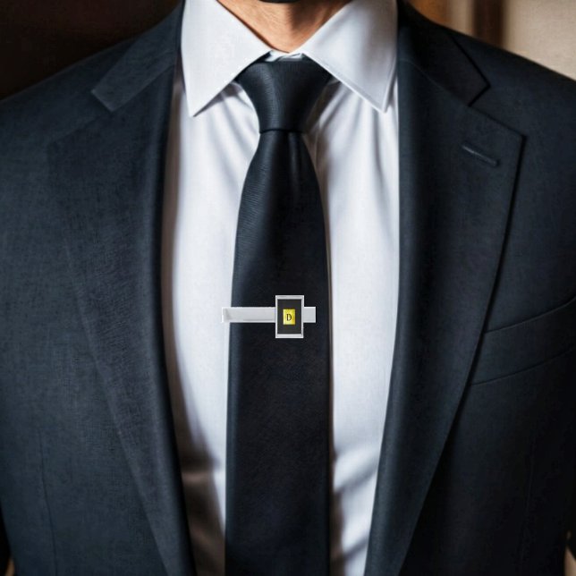 Gold Paneled Black-II Silver Finish Tie Bar (Personalize, your dark suit with this elegant, Gold Paneled Black-II (D) Monogrammed, Tie Bar!)