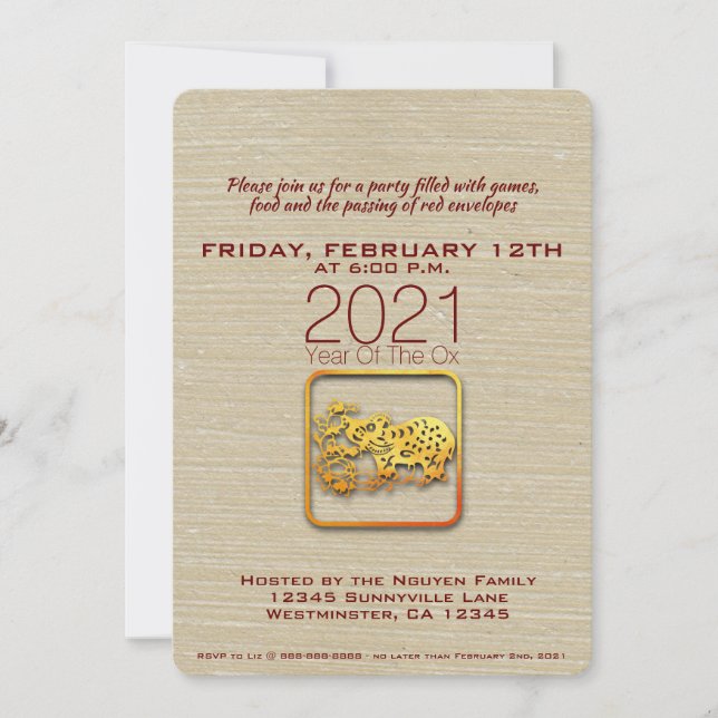 Gold Paper-cut Vietnamese Ox Year 2021 Invitation (Front)