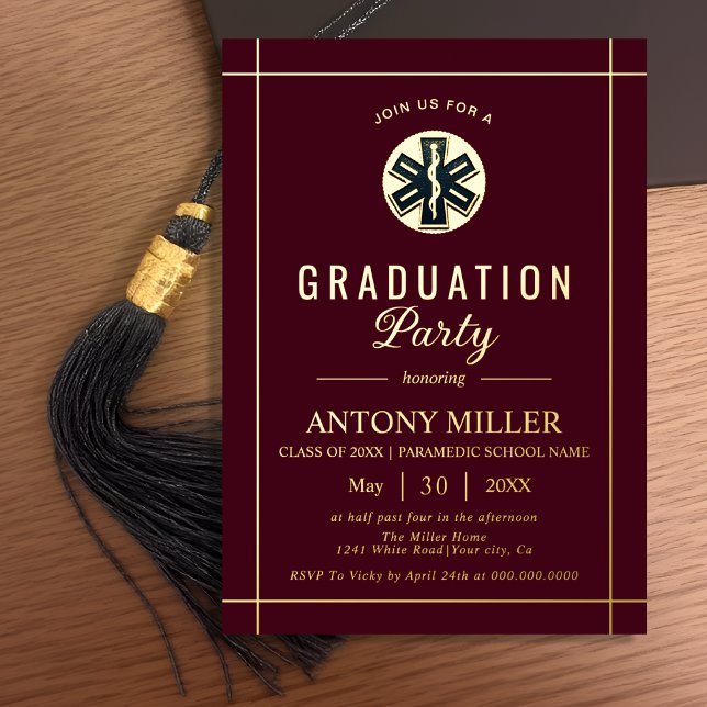 Gold paramedic Class Of 2026 burgundy graduation Foil Invitation (Creator Uploaded)