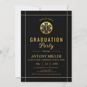 Gold paramedic EMT Class Of 2026 black graduation Invitation