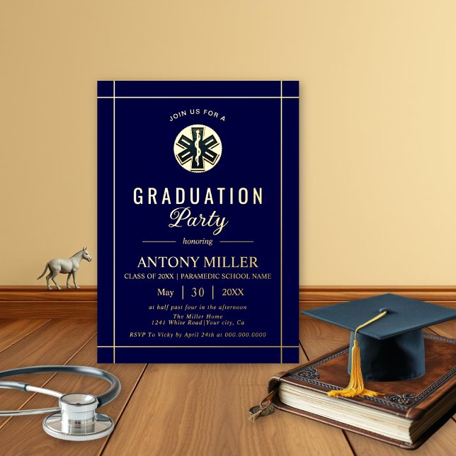 Gold paramedic EMT Class Of 2026 blue graduation Foil Invitation (Creator Uploaded)