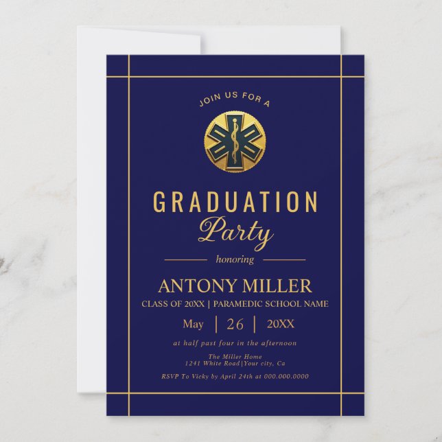 Gold paramedic EMT Class Of 2026 blue graduation Invitation (Front)