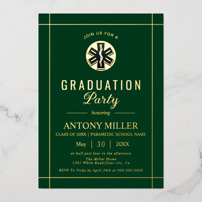 Gold paramedic EMT Class Of 2026 green graduation Foil Invitation (Front)