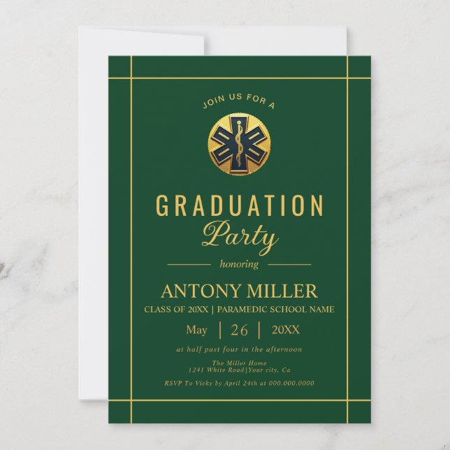 Gold paramedic EMT Class Of 2026 green graduation Invitation (Front)