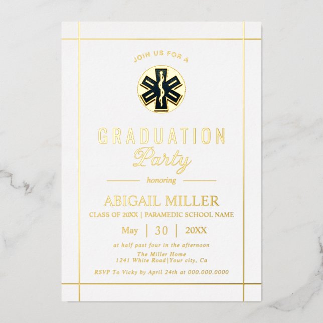 Gold paramedic EMT Class Of 2026 white graduation Foil Invitation (Front)