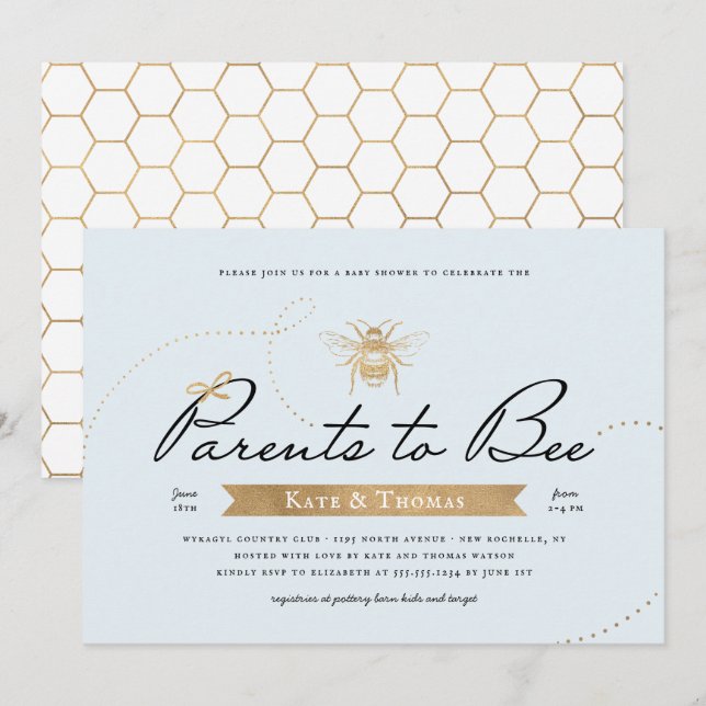 Gold Parents to Bee Baby Shower Blue Invitation (Front/Back)