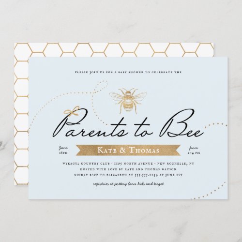 Gold Parents to Bee Baby Shower Blue Invitation