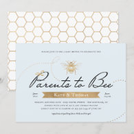 Gold Parents to Bee Baby Shower Blue Invitation