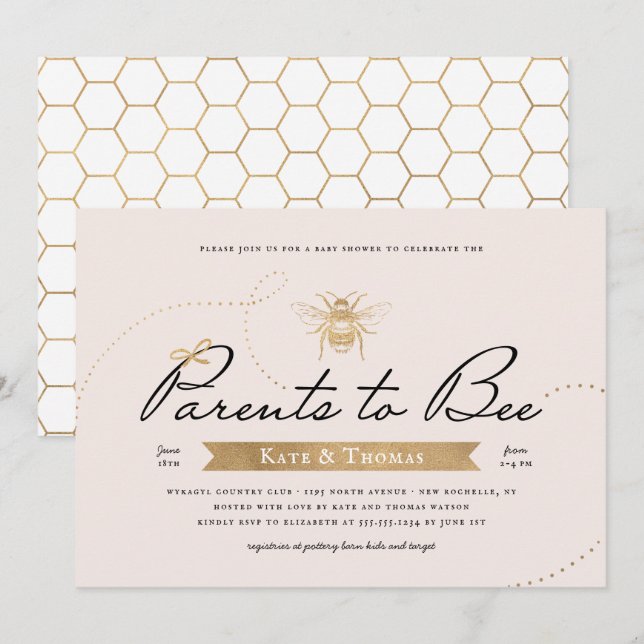 Gold Parents to Bee Baby Shower Blush Invitation (Front/Back)