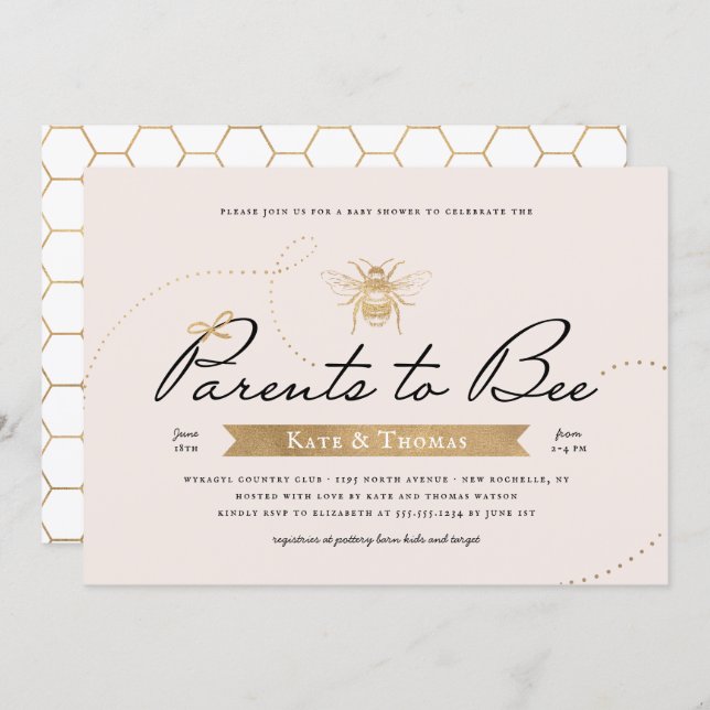 Gold Parents to Bee Baby Shower Blush Invitation (Front/Back)