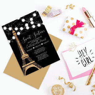 Gold Paris Eiffel Tower Glitter Lights Sweet 16 Invitation