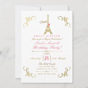 Gold Paris Eiffel Tower Pink Rose Sweet 16 Party Invitation