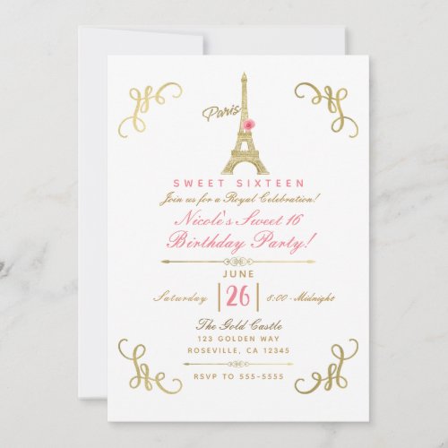 Gold Paris Eiffel Tower Pink Rose Sweet 16 Party Invitation