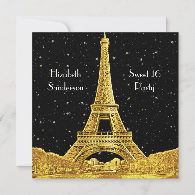 Gold Paris France Skyline #2 Bk Starry Sweet 16 SQ Invitation (Front)