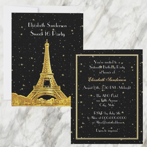 Gold Paris France Skyline 2 Bk Starry Sweet 16 V Invitation