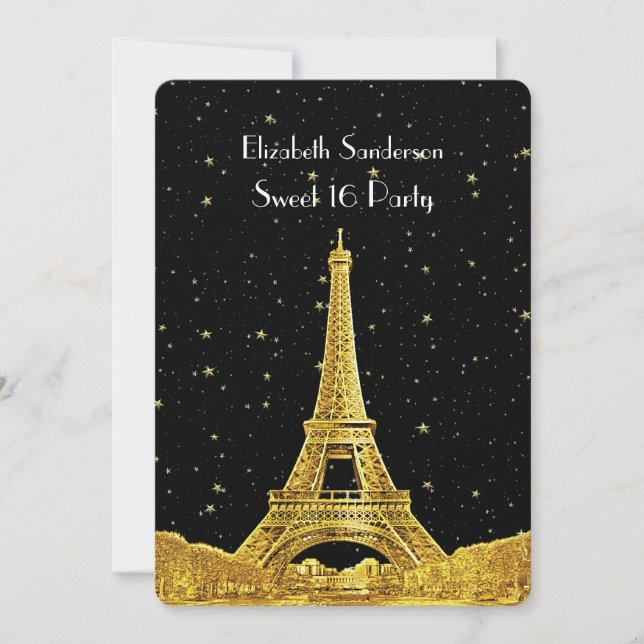 Gold Paris France Skyline #2 Bk Starry Sweet 16 V Invitation (Front)