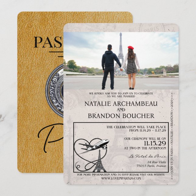 Gold Paris Passport Wedding Invitation (Front/Back)