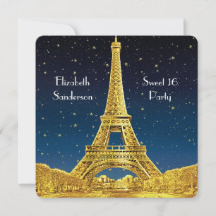 Gold Paris Skyline #2 Blue Starry Sweet 16 SQ Invitation