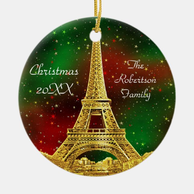 Gold Paris Skyline #2 Christmas Starry Ceramic Ornament (Front)
