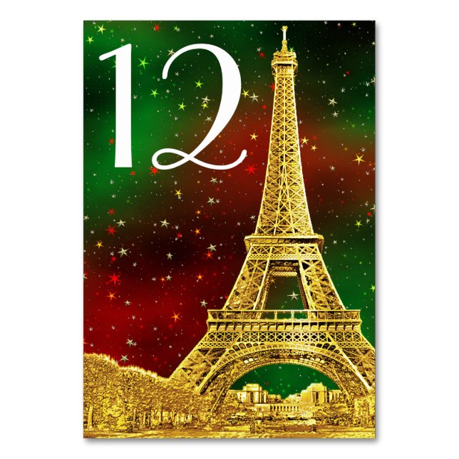 Gold Paris Skyline #2 Christmas Starry Table Number (Front)