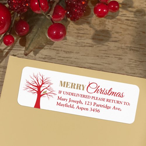 Gold partridge in a red winter tree Christmas Label