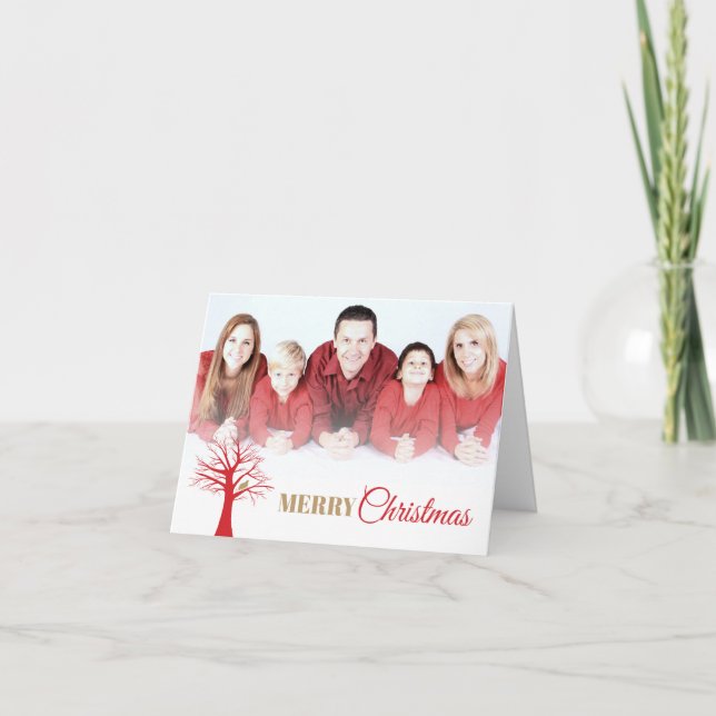 Gold partridge red winter tree Christmas photo Card (Front)