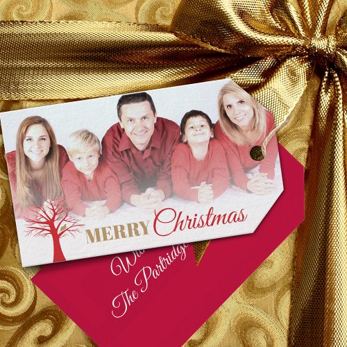 Gold partridge red winter tree Christmas photo Gift Tags